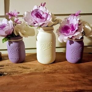 Mason Jar Flower Vases - White and Purple